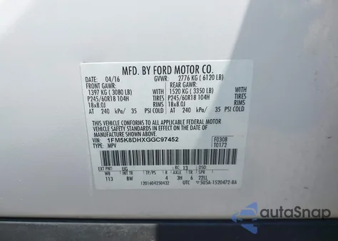2016 Ford Explorer Xlt z USA, uszkodzony, nr VIN 1FM5K8DHXGGC97452